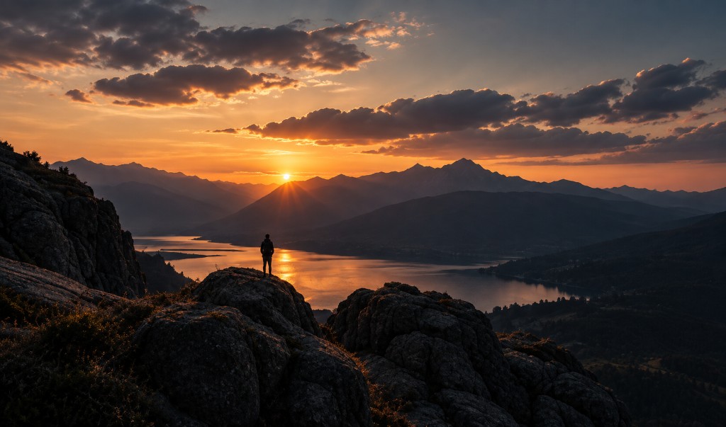 Figuur op een rots bij zonsondergang